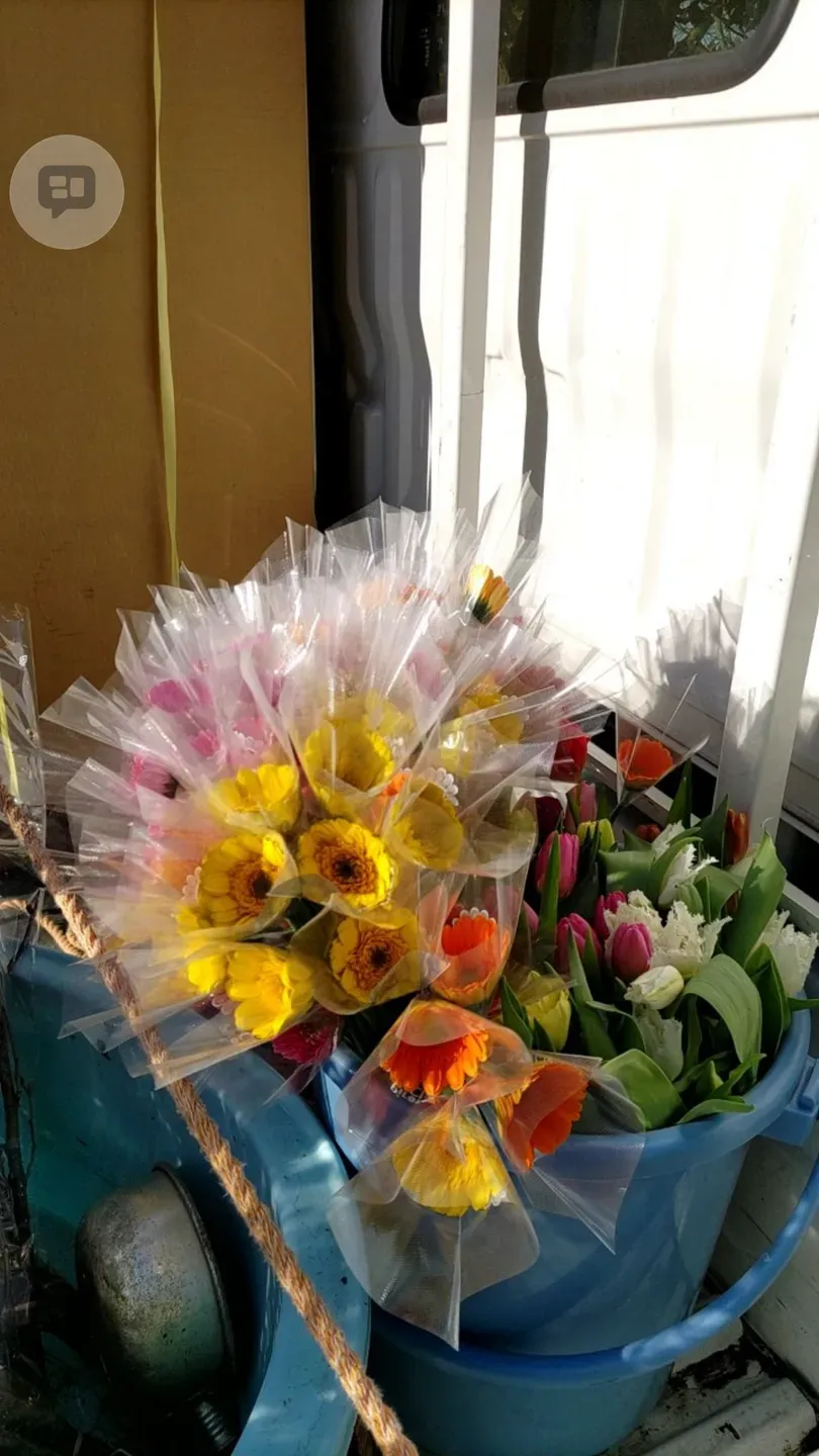 軽トラックに積んだ花の支援物資